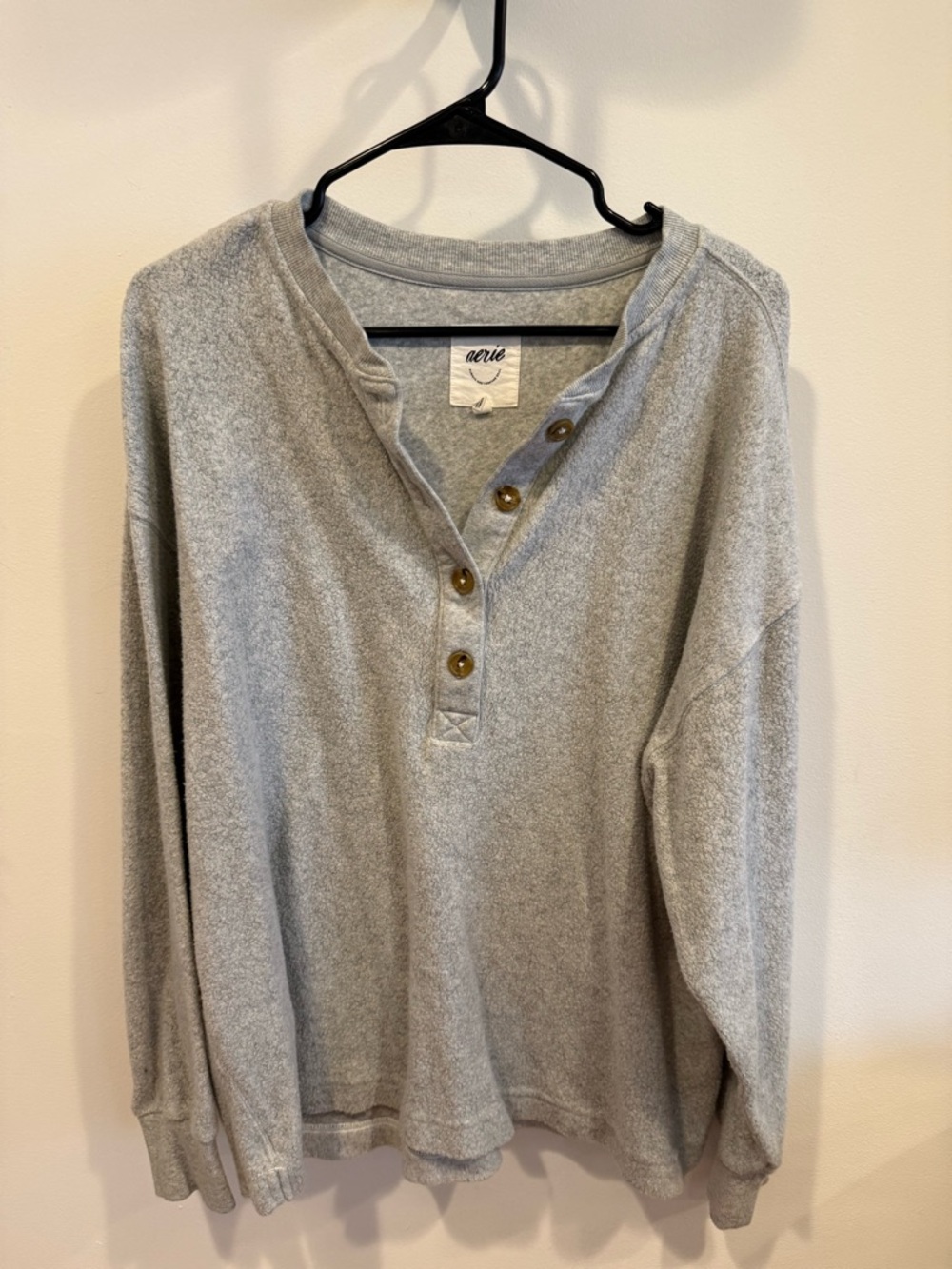 aerie Light Gray Henley Sweatshirt with Button Placket